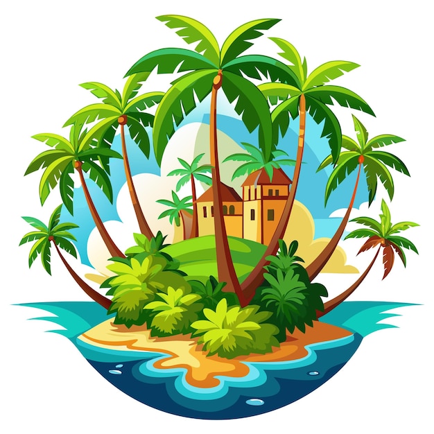 Vector tropical island with palm trees and houses