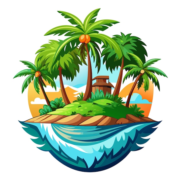 Vector tropical island with palm trees hut and ocean