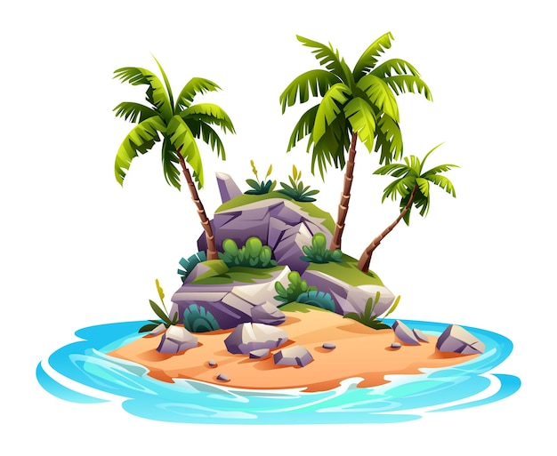 Tropical island with palm trees and rocks cartoon illustration Uninhabited island vector