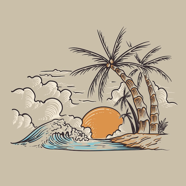 Tropical island with palm trees and sun Vector illustration