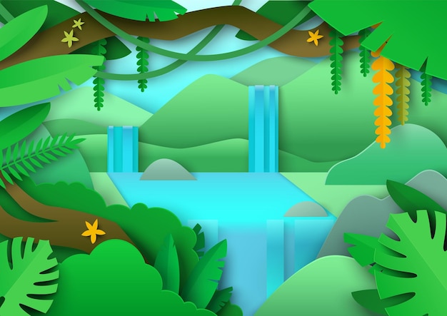 Tropical jungle landscape amazon forest with green foliage exotic plants waterfall vector paper cut ...