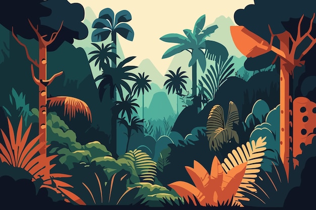 Tropical jungle landscape Vector illustration in flat cartoon style