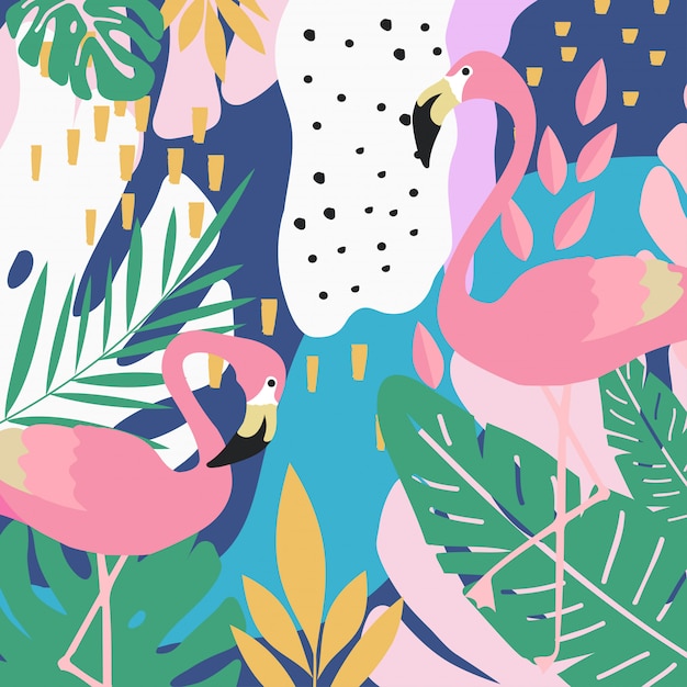 Vector tropical jungle leaves background with flamingos