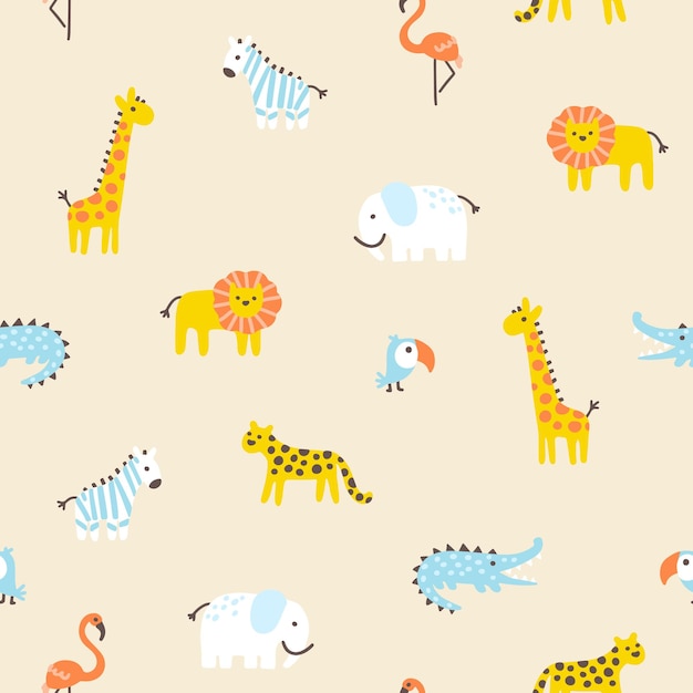 tropical jungle seamless pattern cute wild animals in a simple hand-drawn scandinavian style