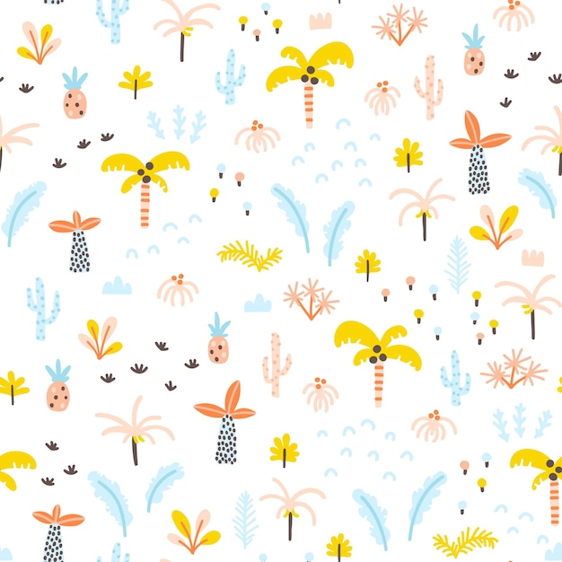 tropical jungle seamless pattern palm trees and plants in a simple handdrawn scandinavian style