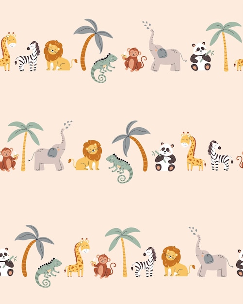 Tropical jungle seamless pattern Zoo animals in lines Cute wild animals