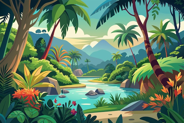 Tropical jungle summer landscape vector illustration