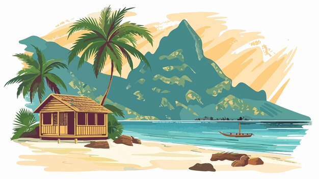 Vector tropical landscape with bungalow palm trees and ocean