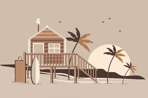 Tropical landscape with a house with a terrace a surfboard palm trees sun at sunset