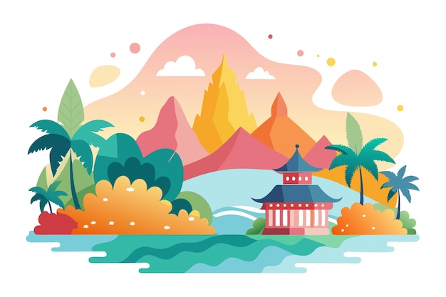 Vector tropical landscape with pagoda mountains and palm trees