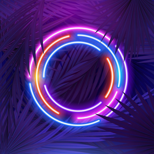 Tropical Leaves background with colorful neon frame