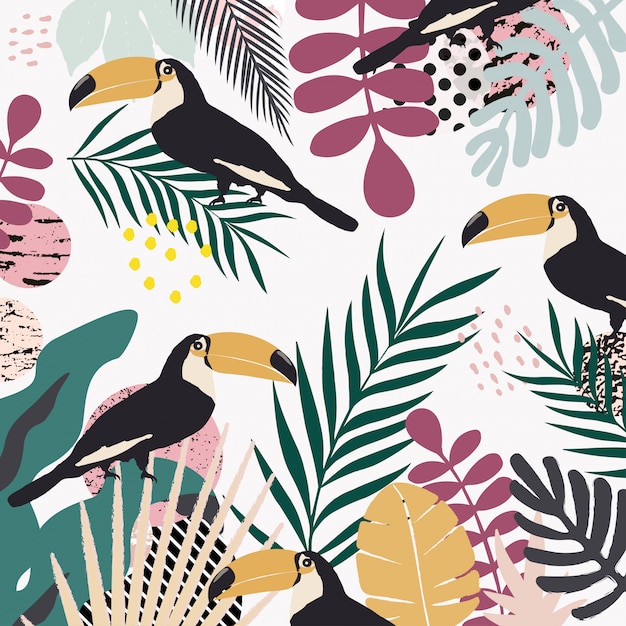 Tropical leaves background with toucans