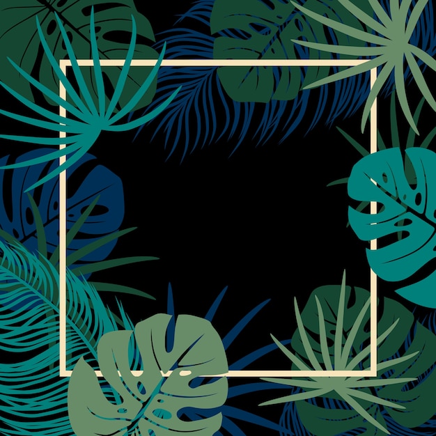 Tropical leaves on black background with copy space