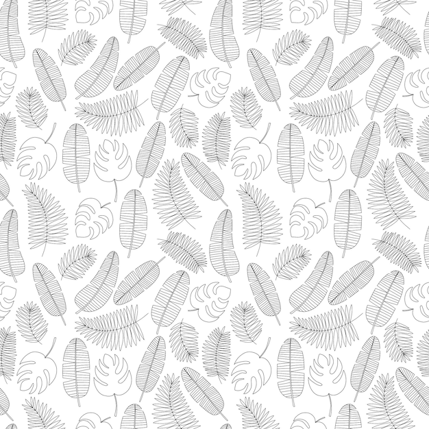 Tropical leaves black and white sketch seamless pattern Hand drawn kinds of tropical leaves pattern Monstera palm leaf banana leaf