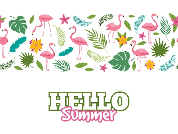 Tropical leaves and flamingo pattern. Hello summer background design