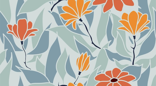 Tropical leaves and flower seamless pattern