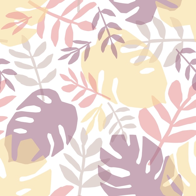 Tropical leaves hand drawn seamless pattern. Jungle, rainforest flora flat background