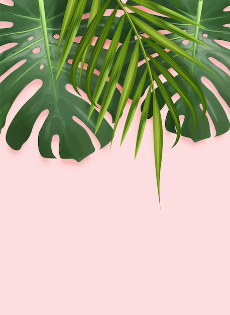 Tropical leaves realistic, summer banner, tropical card, exotic pink background, graphic design