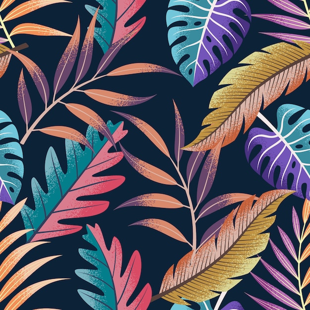 Tropical leaves seamless pattern on dark background.