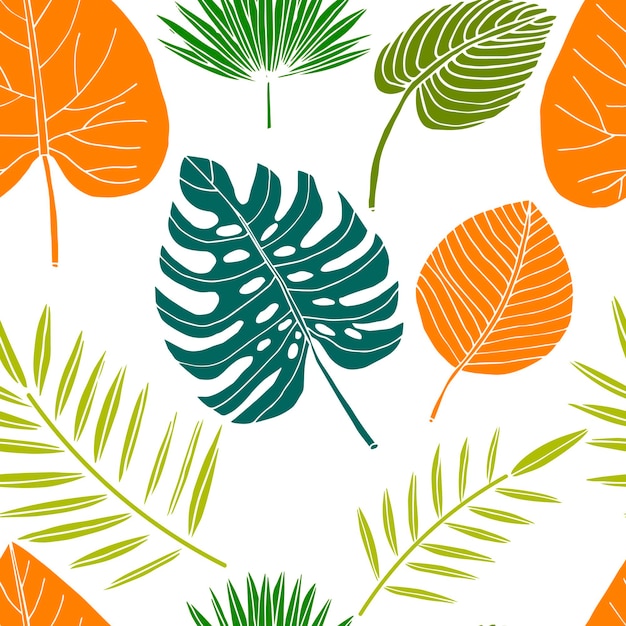 Tropical leaves seamless pattern with flowers, branches