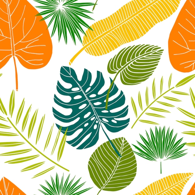 Tropical leaves seamless pattern with flowers, branches