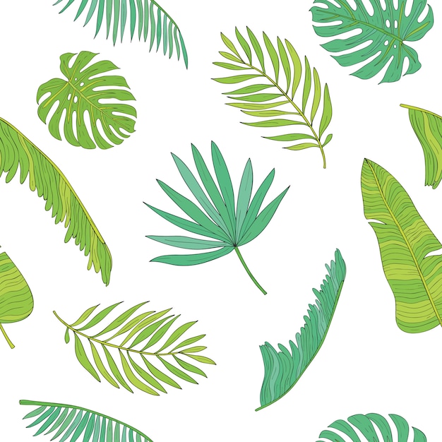 Tropical leaves various shapes seamless pattern background.