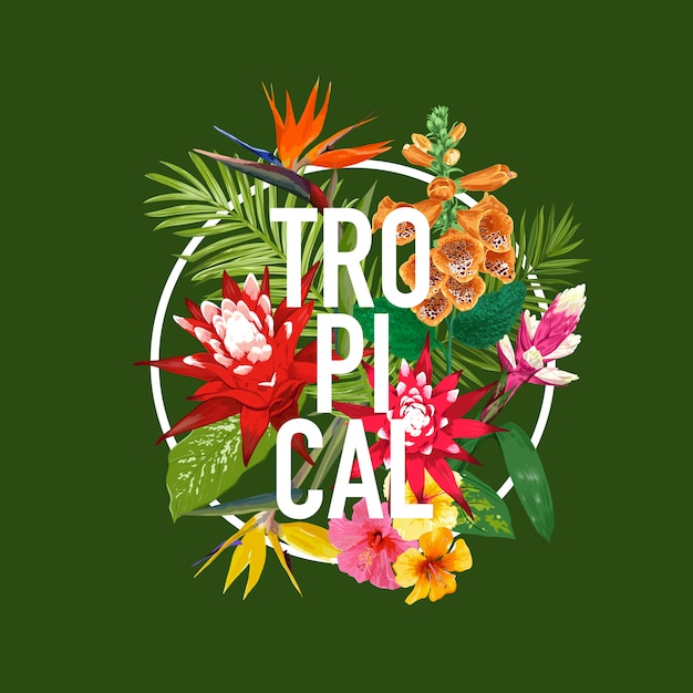 Tropical lettering with Flowers and Palm Leaves Design