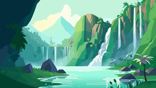 tropical oasis with lush greenery and a cascading waterfall with lagoon cartoon illustration