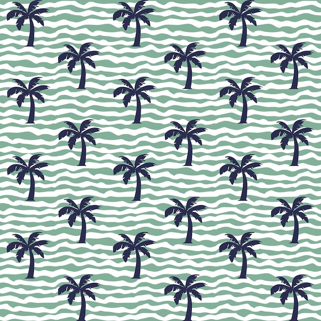 Tropical palm leaf and abstract wave seamless pattern isolated on white background