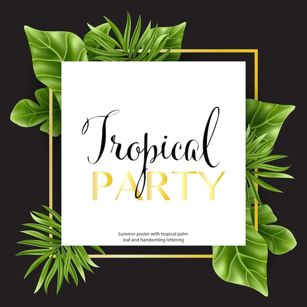 Tropical palm leaf isolated on black Realistic green summer party plant banner square frame Vector