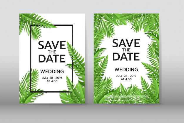 Tropical palm leaves background. Invitation or card with jungle leaves.