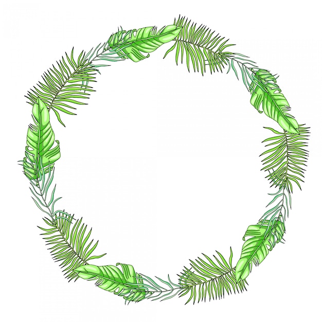 Tropical palm leaves frame border, wreath