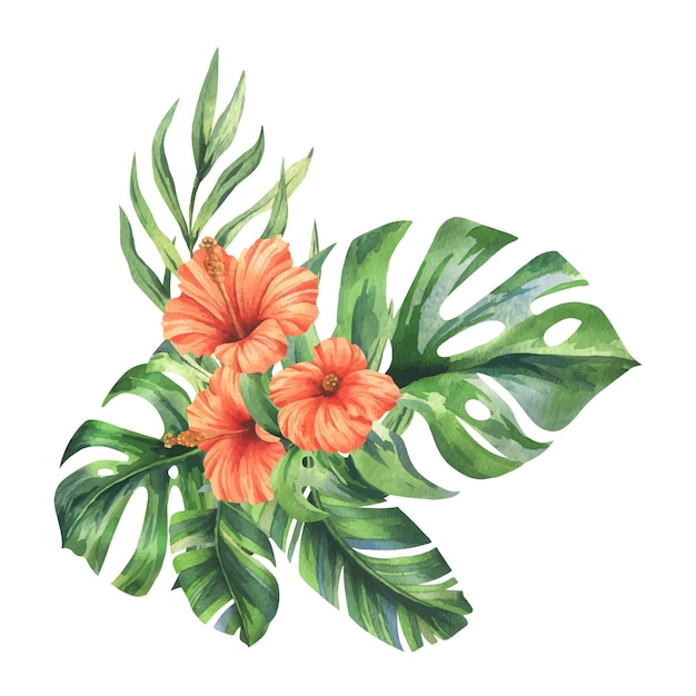 Tropical palm leaves monstera and flowers of red hibiscus bright juicy hand drawn watercolor