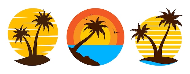 Tropical palm tree landscape travel logo flat set Sunrise sunset island emblem tourism firm signage exotic nature sea surf Subtropical summer design template flyer ads vintage isolated circle