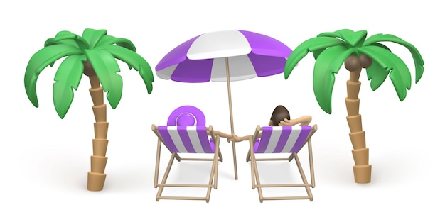 Tropical palm tree sun umbrella and Couple sitting in deck chairs on beach at resort Summer 3d realistic objects Vector illustration