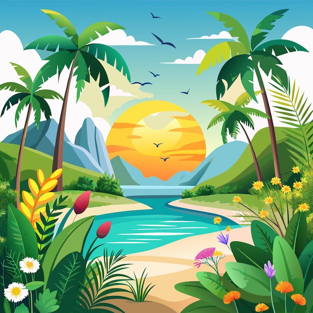 Tropical Paradise Landscape with Sunset and Palm Trees