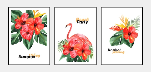 Tropical paradise Watercolor collection of posters with flamingo flowers and leaves