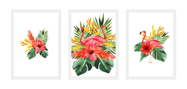 Tropical paradise Watercolor collection of posters with flamingo flowers and leaves