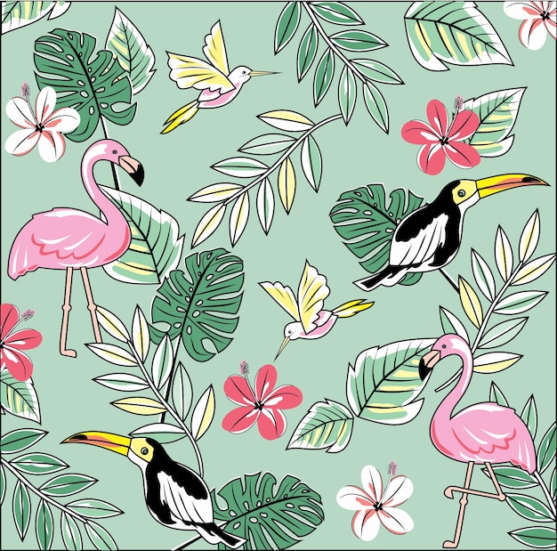 Tropical pattern with flamingos and toucans