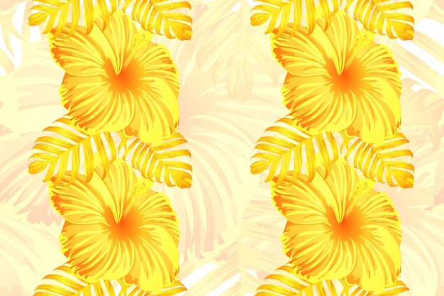 Tropical pattern. Yellow exotic summer flower vector background. Beauty fasion monstera, palm leaves and hibiscus flowers. Hawaiian tropic jungle endless print. Natural swimwear design.