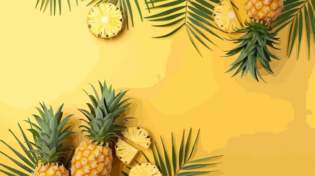 Vector tropical pineapple decor with palm leaf on vibrant yellow background