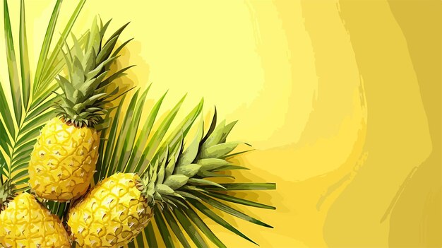 Vector tropical pineapple decor with palm leaf on vibrant yellow background