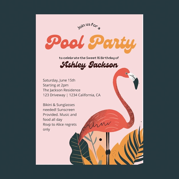 Vector tropical pool party flamingo invitation