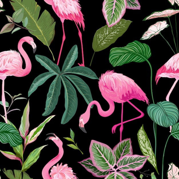 Tropical Print with Pink Flamingo and Palm Leaves on Black Background, Seamless Floral Ornament, Exotic Green Jungle Pattern, Tropic Plants and Birds for Fabric or Apparel Print. Vector Illustration