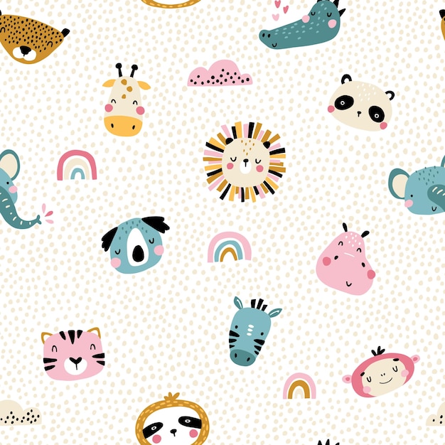 Tropical rainbow Seamless pattern with cute animals faces.