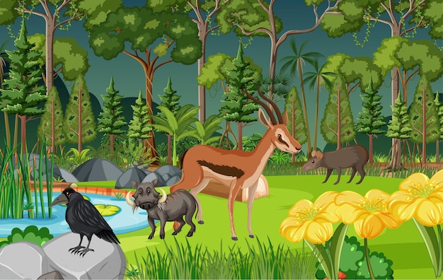 Tropical rainforest scene with various wild animals