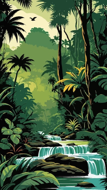 Vector tropical rainforest with a river illustration cartoon drawing artwork vector