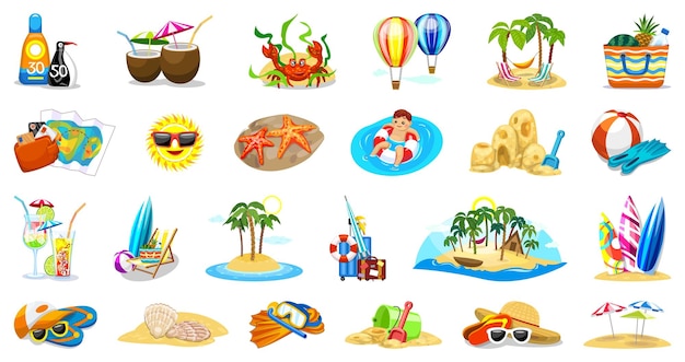 Tropical resort icons set cartoon vector Wide island Luxury ocean