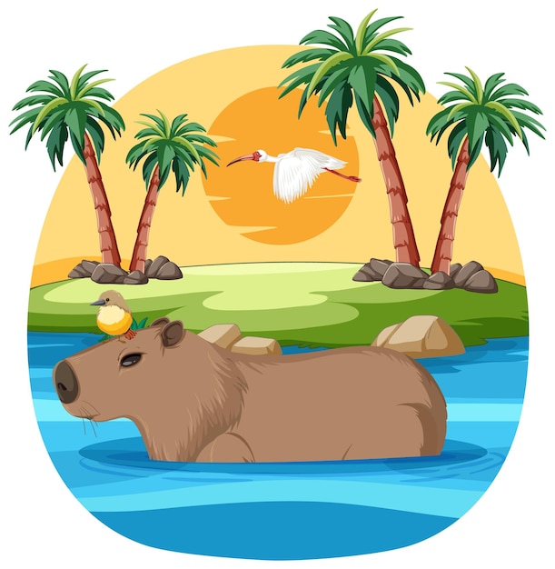 Vector tropical river scene with capybara and bird