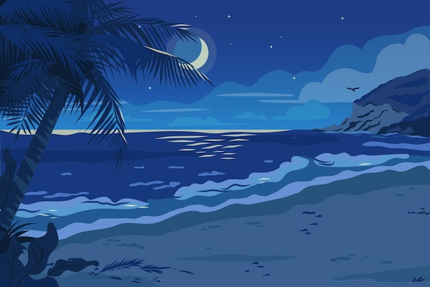 Tropical sand beach panoramic view Seascape night view cartoon flat vector illustration